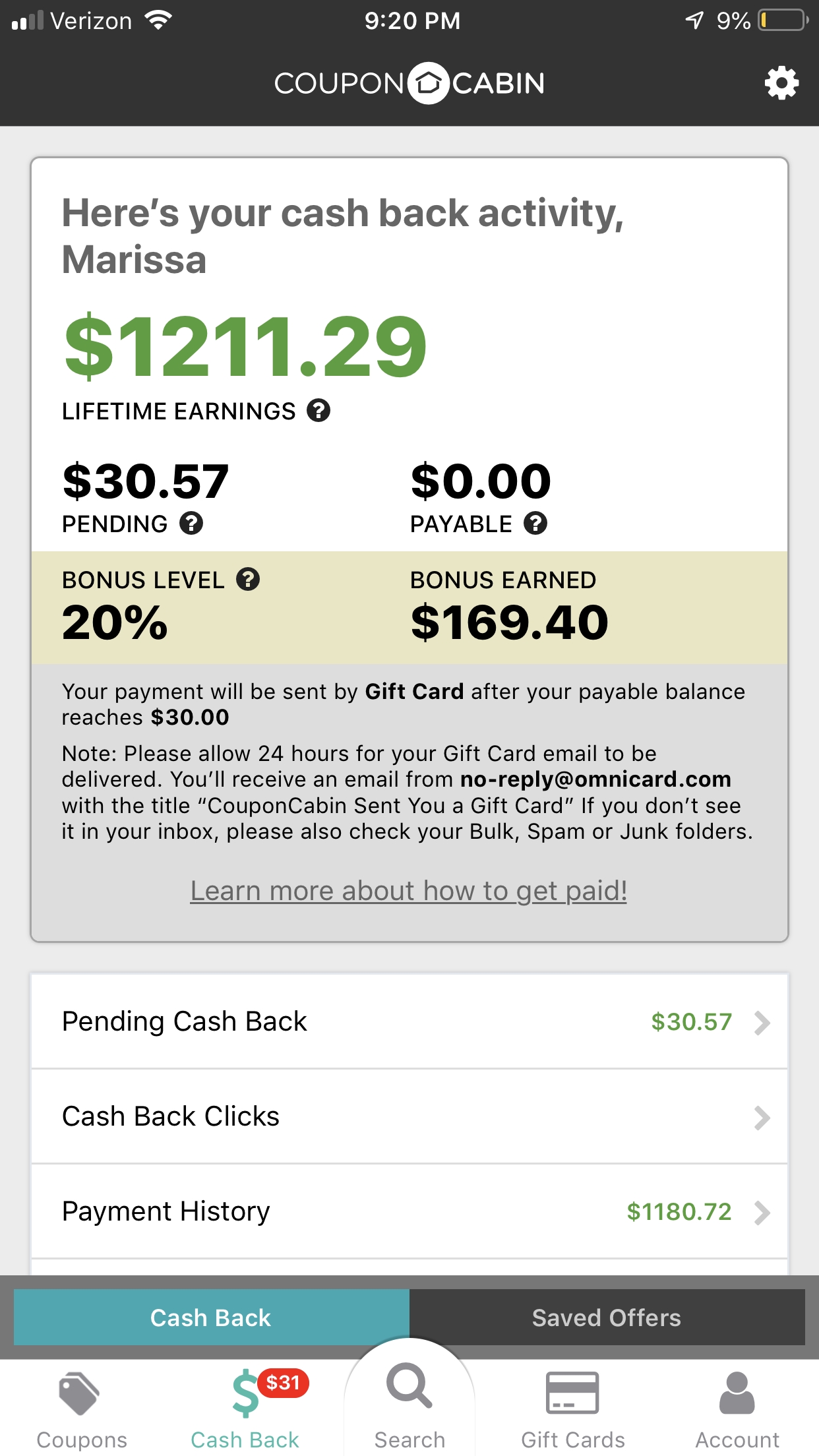 does couponcabin cashback work